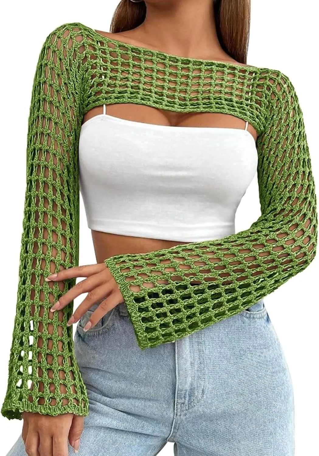 Womens Crochet Crop Tops Y2k Knit Shrug Sweater Hollow Out Long Sleeve Bikini See Through Cover Ups