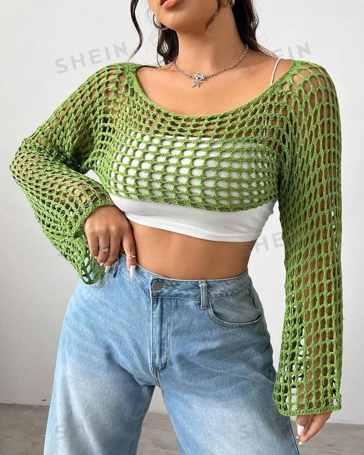 Womens Crochet Crop Tops Y2k Knit Shrug Sweater Hollow Out Long Sleeve Bikini See Through Cover Ups