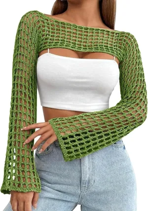 Womens Crochet Crop Tops Y2k Knit Shrug Sweater Hollow Out Long Sleeve Bikini See Through Cover Ups