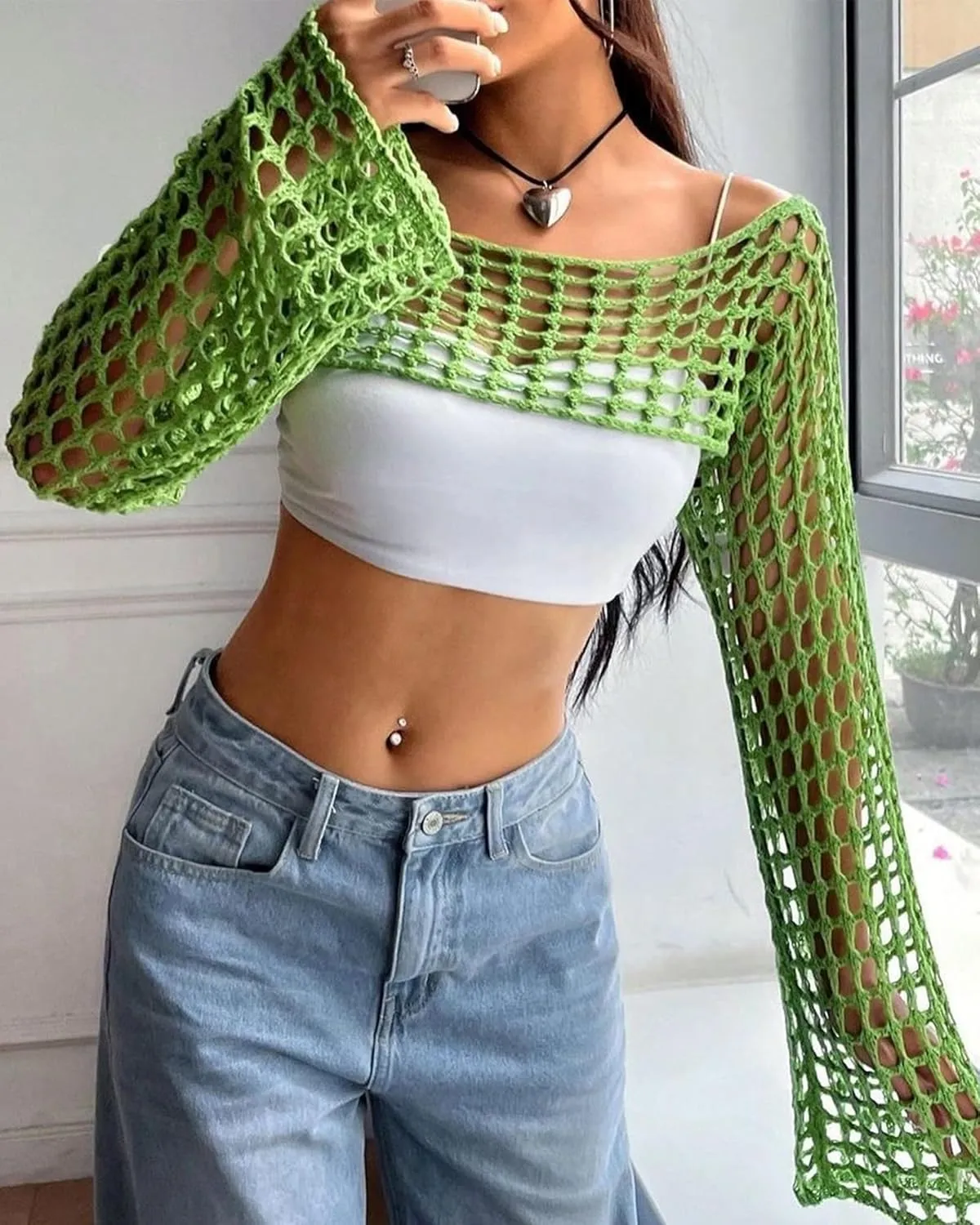 Womens Crochet Crop Tops Y2k Knit Shrug Sweater Hollow Out Long Sleeve Bikini See Through Cover Ups