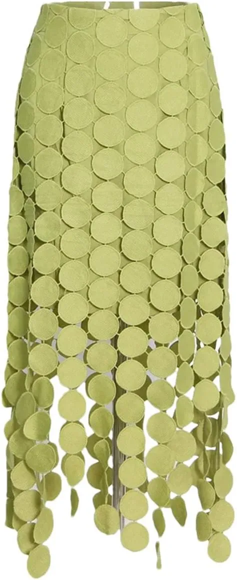 Womens Cut Out Skirt High Waist Patchwork Tassel Irregular Hem Solid Midi Skirts