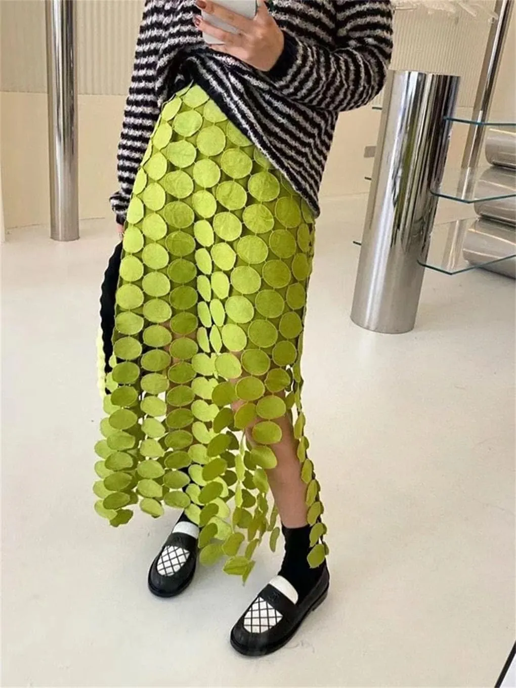 Womens Cut Out Skirt High Waist Patchwork Tassel Irregular Hem Solid Midi Skirts