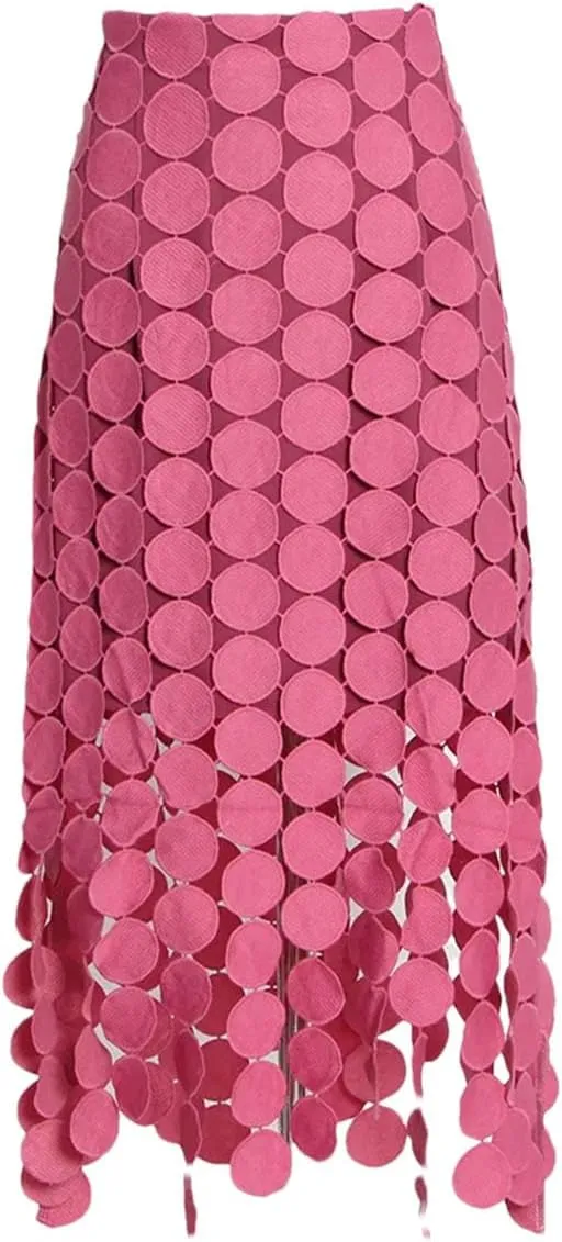 Womens Cut Out Skirt High Waist Patchwork Tassel Irregular Hem Solid Midi Skirts
