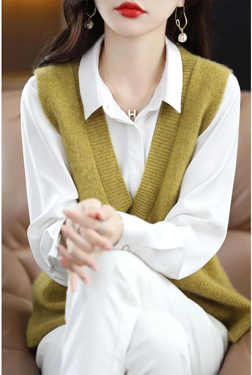 Women's Deep V-Neck Knitted Vest Sweater 100% Merino Wool Sleeveless Pullover Basic Blouse Short Tops