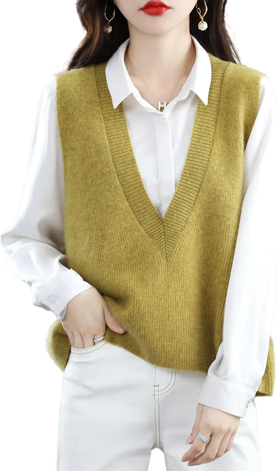 Women's Deep V-Neck Knitted Vest Sweater 100% Merino Wool Sleeveless Pullover Basic Blouse Short Tops