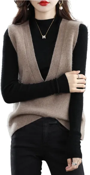 Women's Deep V-Neck Knitted Vest Sweater 100% Merino Wool Sleeveless Pullover Basic Blouse Short Tops