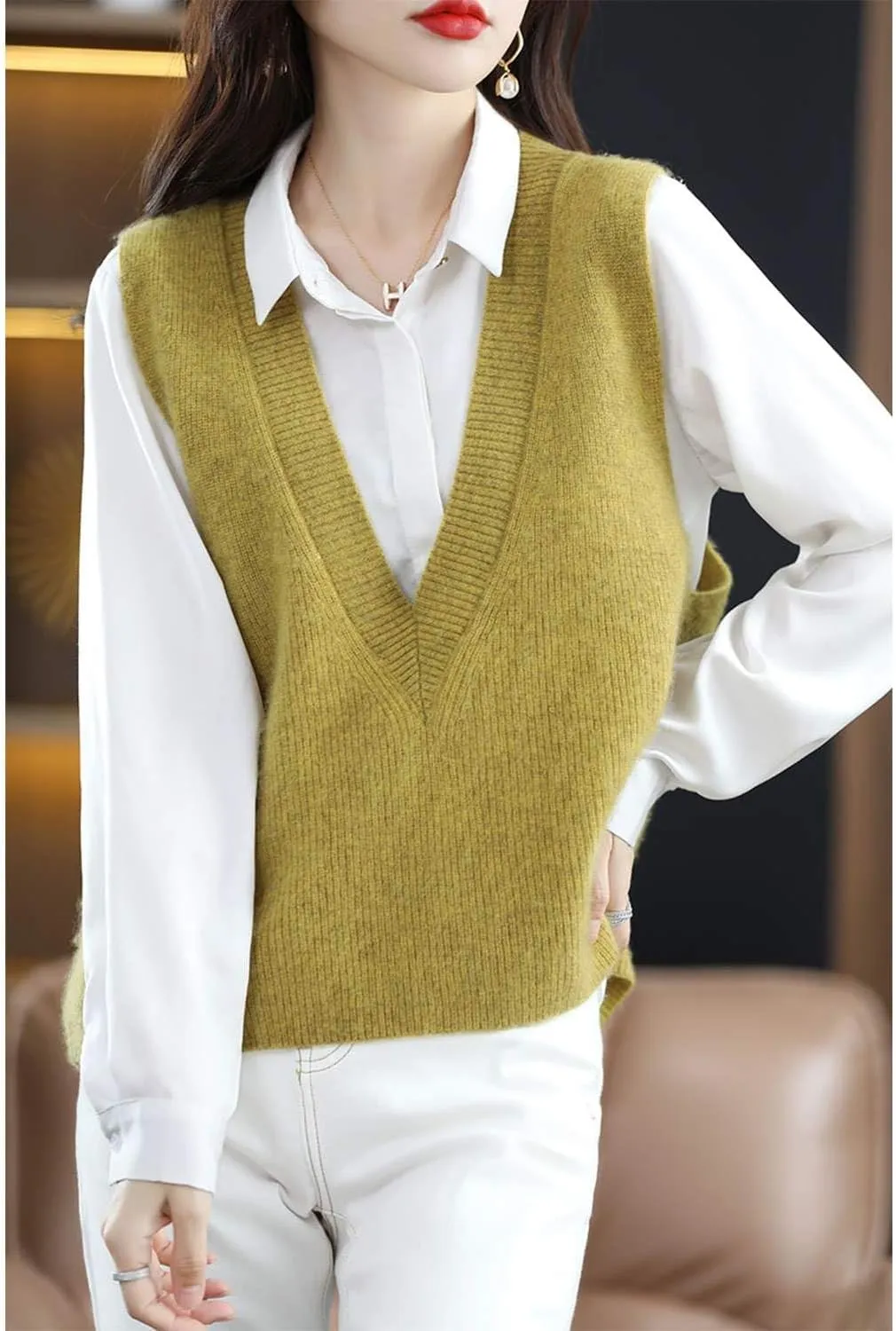 Women's Deep V-Neck Knitted Vest Sweater 100% Merino Wool Sleeveless Pullover Basic Blouse Short Tops
