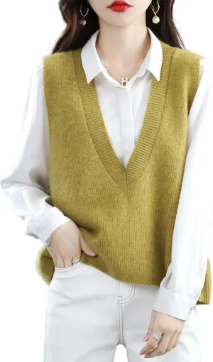 Women's Deep V-Neck Knitted Vest Sweater 100% Merino Wool Sleeveless Pullover Basic Blouse Short Tops