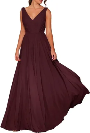 Women's Double V Neck Bridesmaid Dresses for Wedding Guest Chiffon Formal Evening Party Prom Maxi Gown AN352