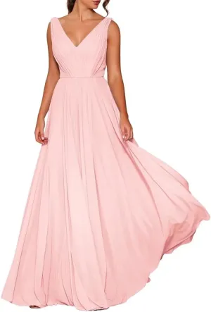 Women's Double V Neck Bridesmaid Dresses for Wedding Guest Chiffon Formal Evening Party Prom Maxi Gown AN352