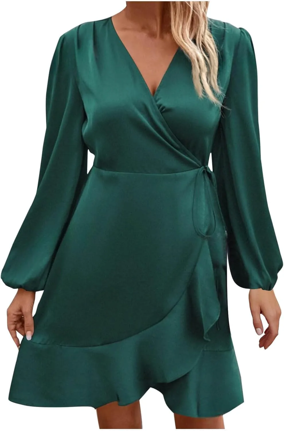 Women's Dressy Satin A-Line Dress Wrap V Neck Ruffle Mini Dresses Lantern Long Sleeves Belted Elegant Flared Dress
