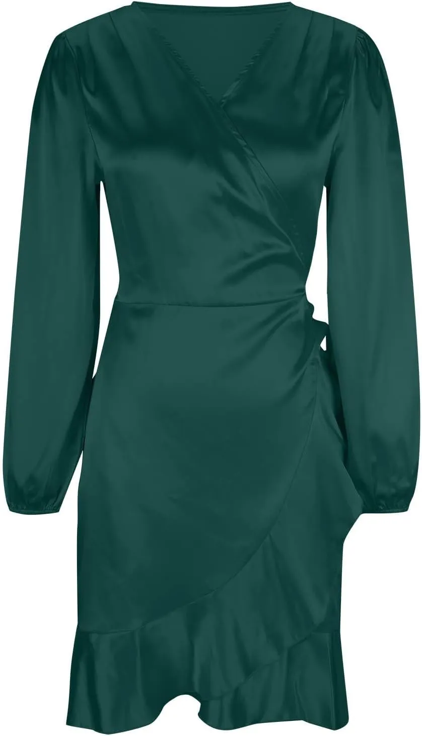 Women's Dressy Satin A-Line Dress Wrap V Neck Ruffle Mini Dresses Lantern Long Sleeves Belted Elegant Flared Dress