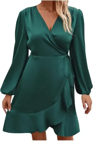 Women's Dressy Satin A-Line Dress Wrap V Neck Ruffle Mini Dresses Lantern Long Sleeves Belted Elegant Flared Dress