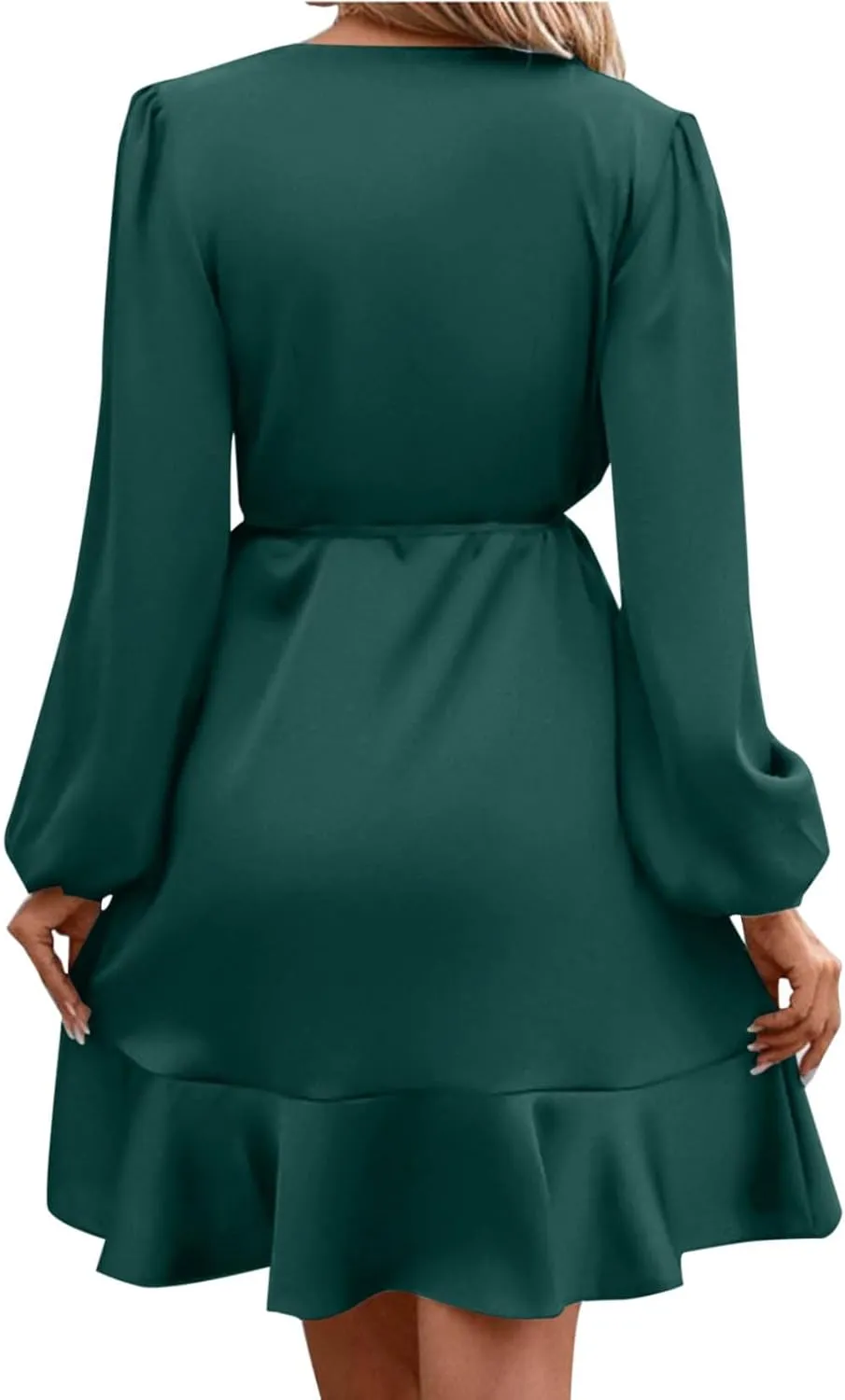 Women's Dressy Satin A-Line Dress Wrap V Neck Ruffle Mini Dresses Lantern Long Sleeves Belted Elegant Flared Dress
