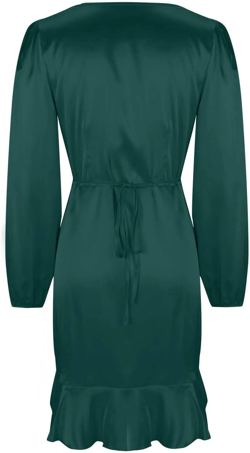 Women's Dressy Satin A-Line Dress Wrap V Neck Ruffle Mini Dresses Lantern Long Sleeves Belted Elegant Flared Dress