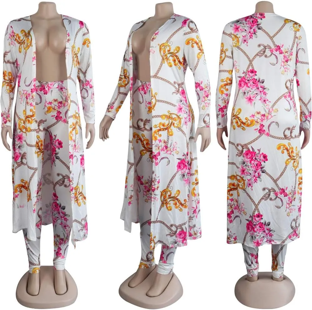 Womens Fashion Printed Long Cardigans 2 Piece Outfits,Long Sleeve Coat and Trousers Set
