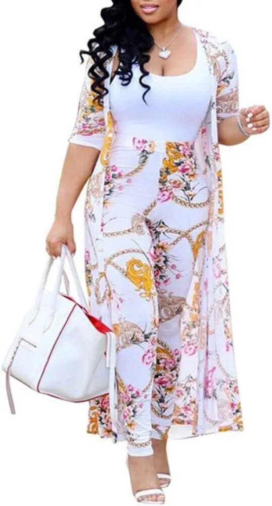 Womens Fashion Printed Long Cardigans 2 Piece Outfits,Long Sleeve Coat and Trousers Set