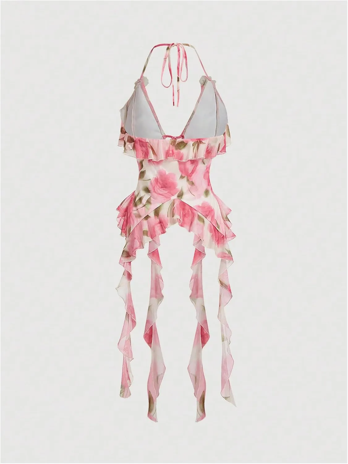 Women's Floral Print Cami Tops Tie Backless Crop Halter Top Ruffle Trim Asymmetrical Hem Camisole Tops