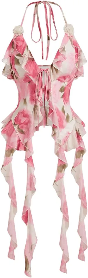 Women's Floral Print Cami Tops Tie Backless Crop Halter Top Ruffle Trim Asymmetrical Hem Camisole Tops