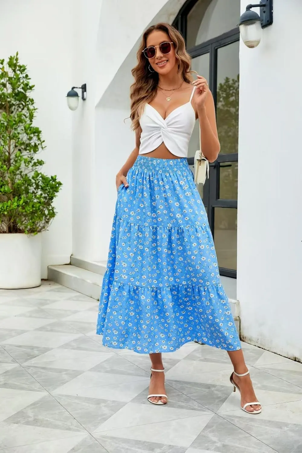 Women's Girdle Elastic Pleated A-Line Flared Midi Length Garden Skirt