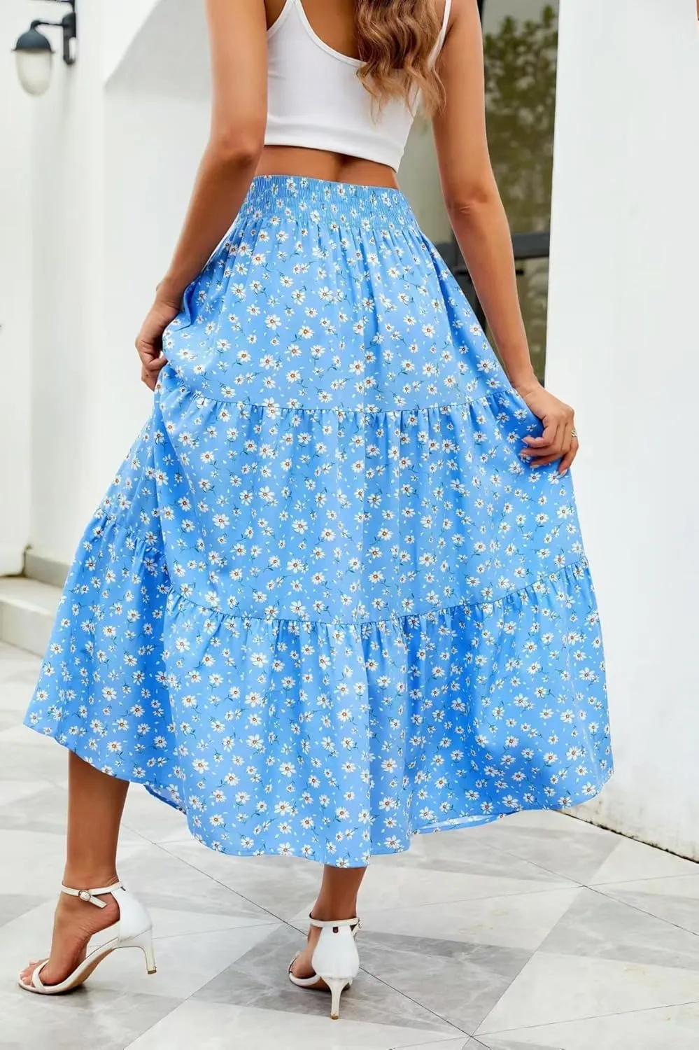 Women's Girdle Elastic Pleated A-Line Flared Midi Length Garden Skirt