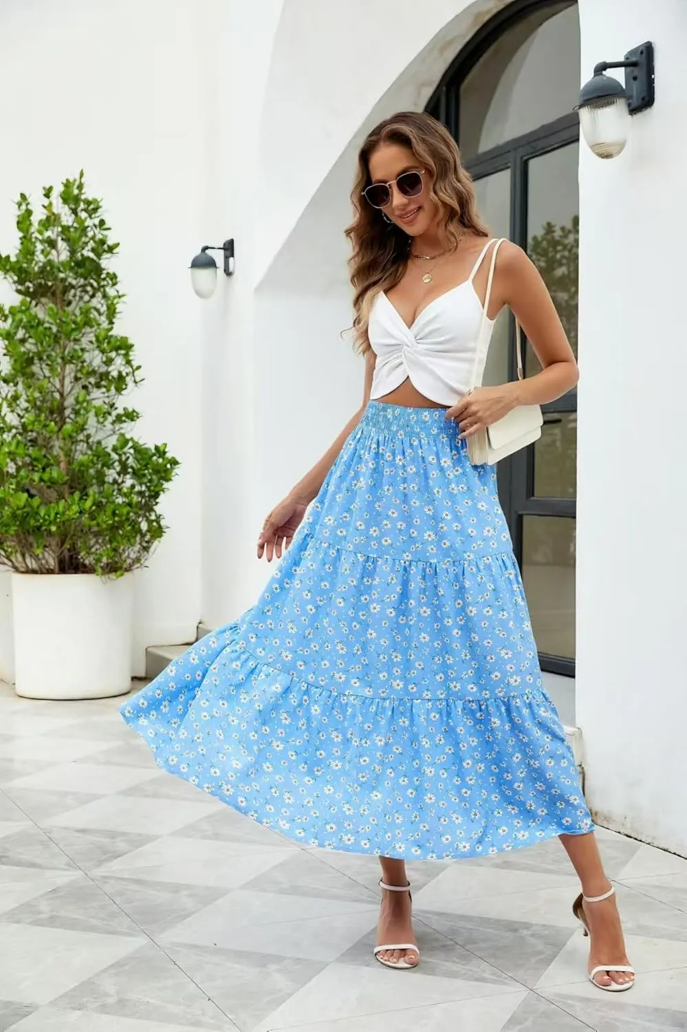 Women's Girdle Elastic Pleated A-Line Flared Midi Length Garden Skirt