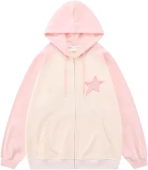 Women's Harajuku pink star patch sweater Y2K Hoodie girls' sweet cool loose zip coat
