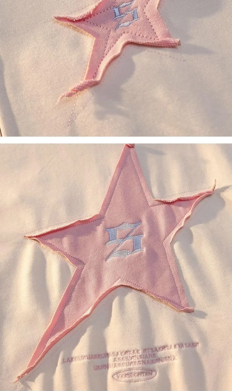 Women's Harajuku pink star patch sweater Y2K Hoodie girls' sweet cool loose zip coat
