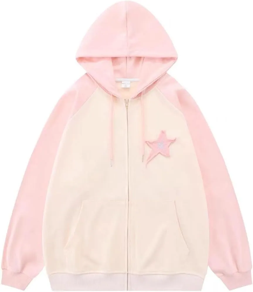 Women's Harajuku pink star patch sweater Y2K Hoodie girls' sweet cool loose zip coat