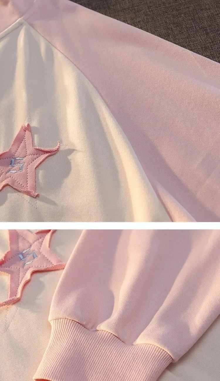 Women's Harajuku pink star patch sweater Y2K Hoodie girls' sweet cool loose zip coat