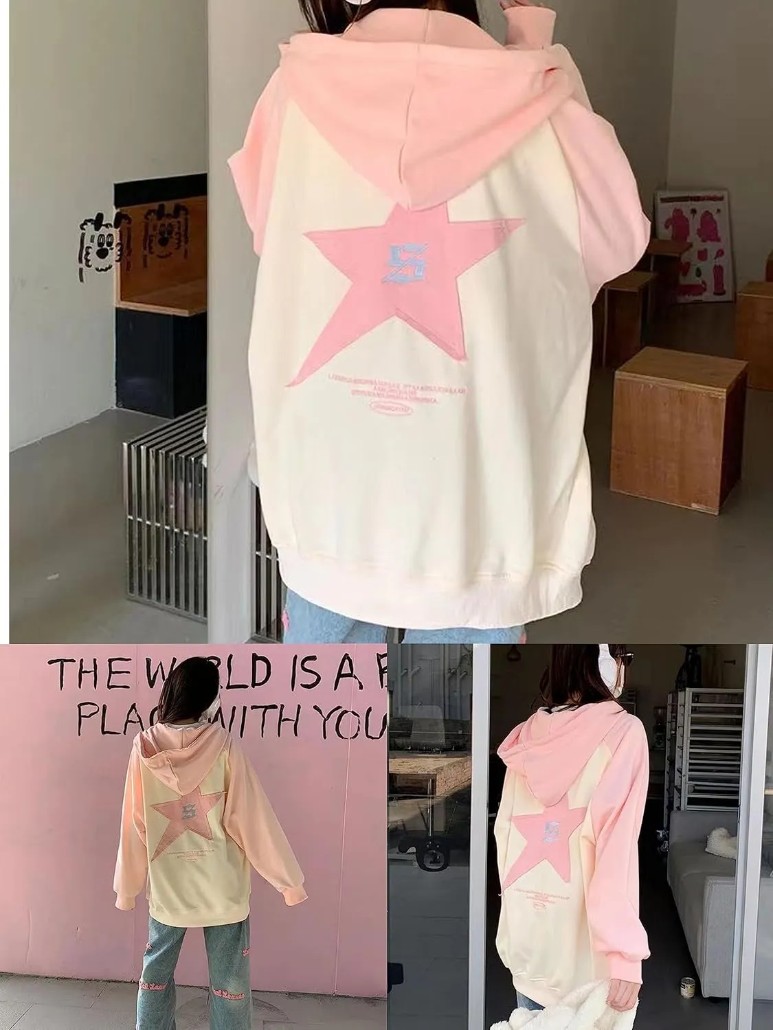 Women's Harajuku pink star patch sweater Y2K Hoodie girls' sweet cool loose zip coat
