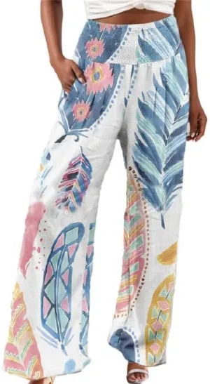 Women's Linen Palazzo Pants Boho Floral Wide Leg Lounge Pant Casual Flowy High Waist Trousers Yoga Pants with Pockets
