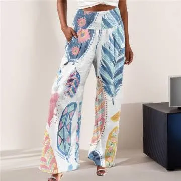 Women's Linen Palazzo Pants Boho Floral Wide Leg Lounge Pant Casual Flowy High Waist Trousers Yoga Pants with Pockets
