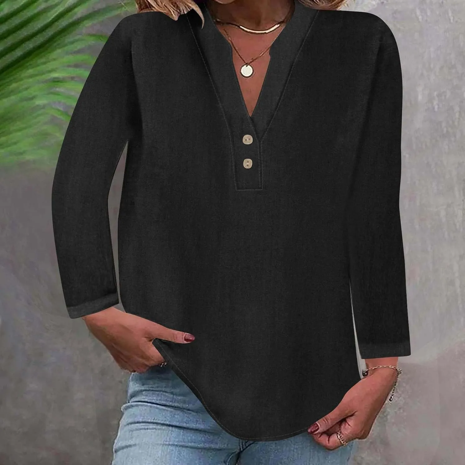 Womens Long Sleeve Tops V Neck Half Button Front Shirts Solid Loose Fit Casual Dressy Work Tunic Womens Summer Tops