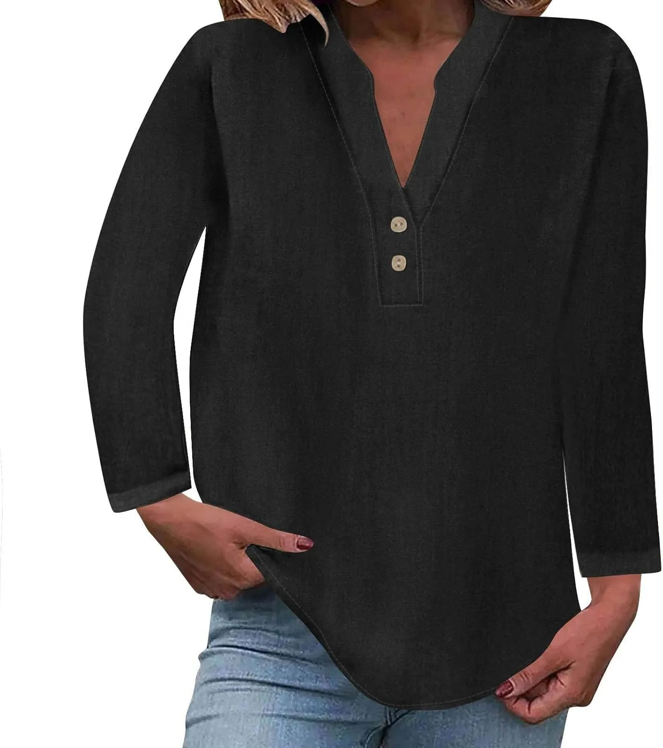 Womens Long Sleeve Tops V Neck Half Button Front Shirts Solid Loose Fit Casual Dressy Work Tunic Womens Summer Tops