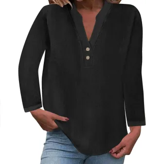 Womens Long Sleeve Tops V Neck Half Button Front Shirts Solid Loose Fit Casual Dressy Work Tunic Womens Summer Tops