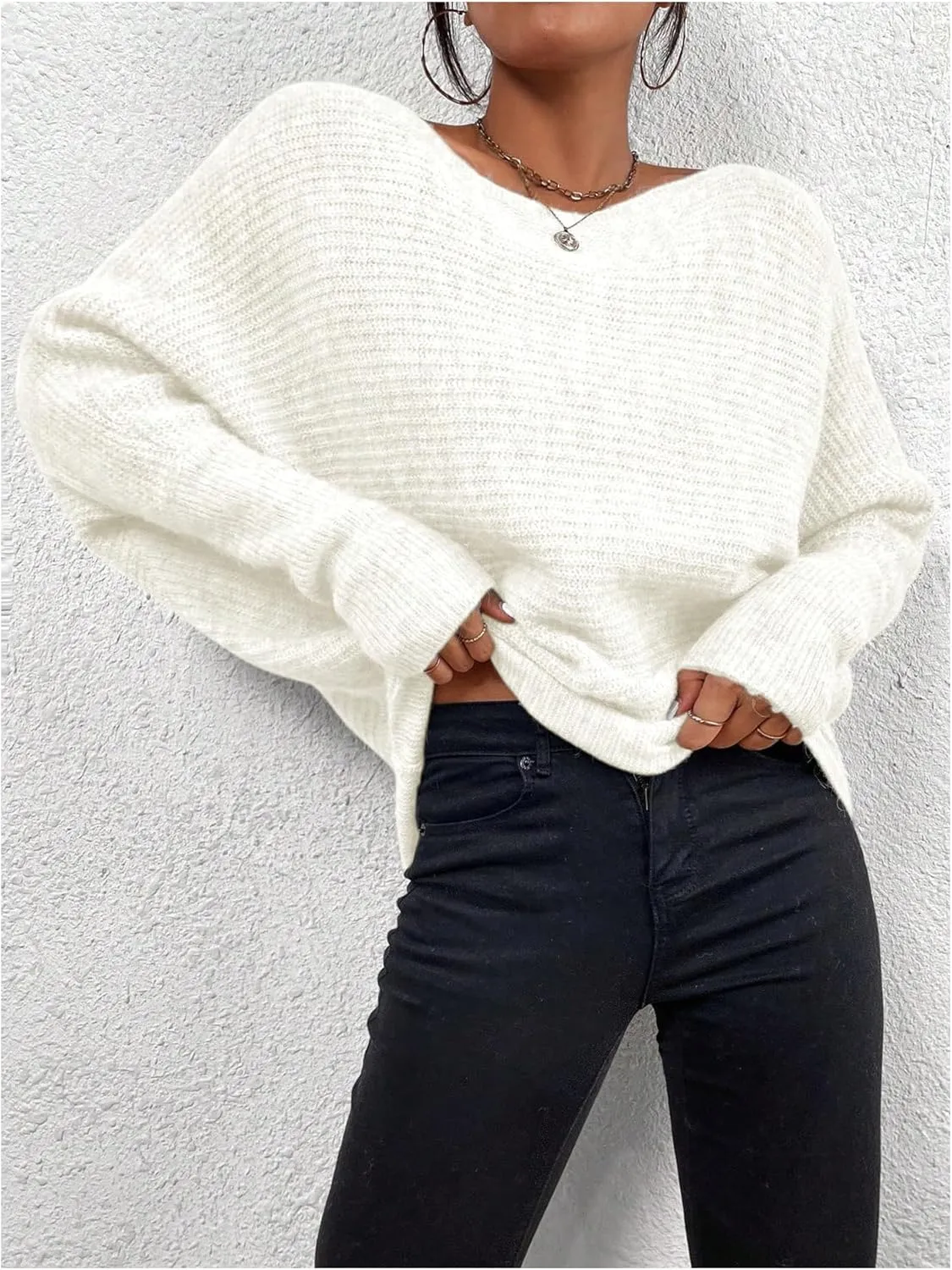 Women's Off Shoulder Sweater Long Sleeve Knitted Pullover Tops Loose Fall Outfits