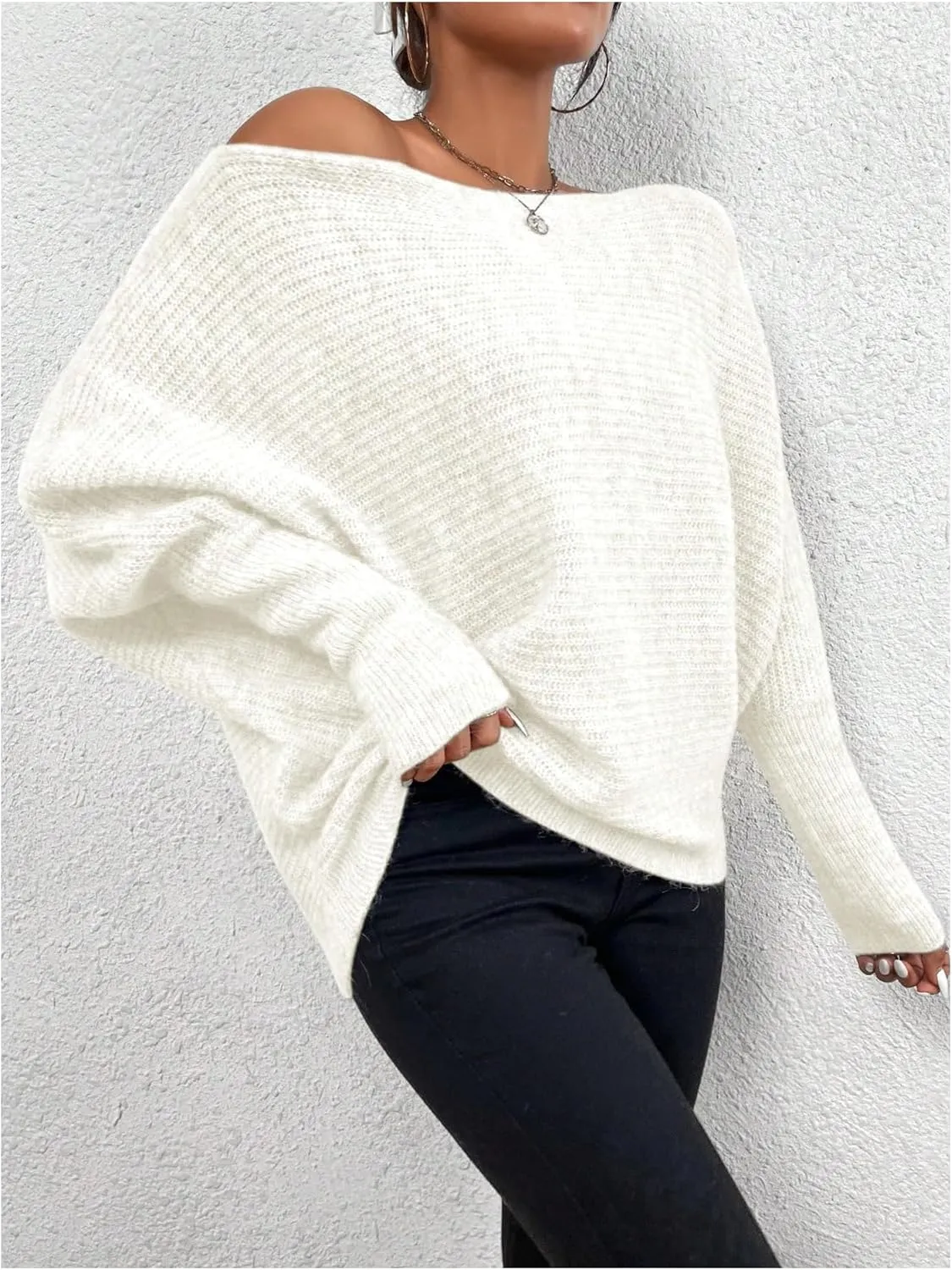 Women's Off Shoulder Sweater Long Sleeve Knitted Pullover Tops Loose Fall Outfits