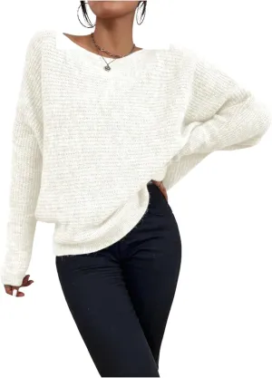 Women's Off Shoulder Sweater Long Sleeve Knitted Pullover Tops Loose Fall Outfits