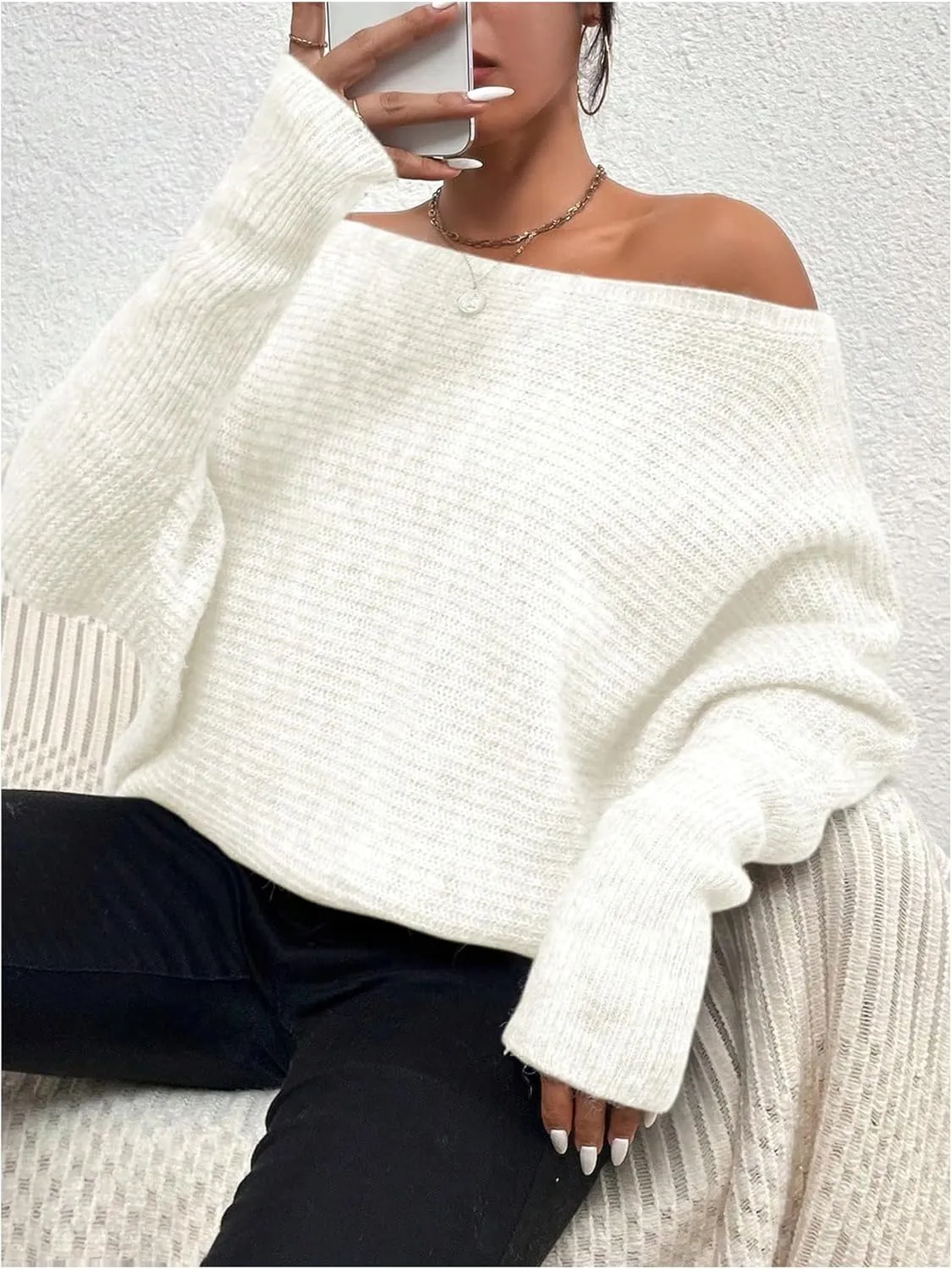 Women's Off Shoulder Sweater Long Sleeve Knitted Pullover Tops Loose Fall Outfits