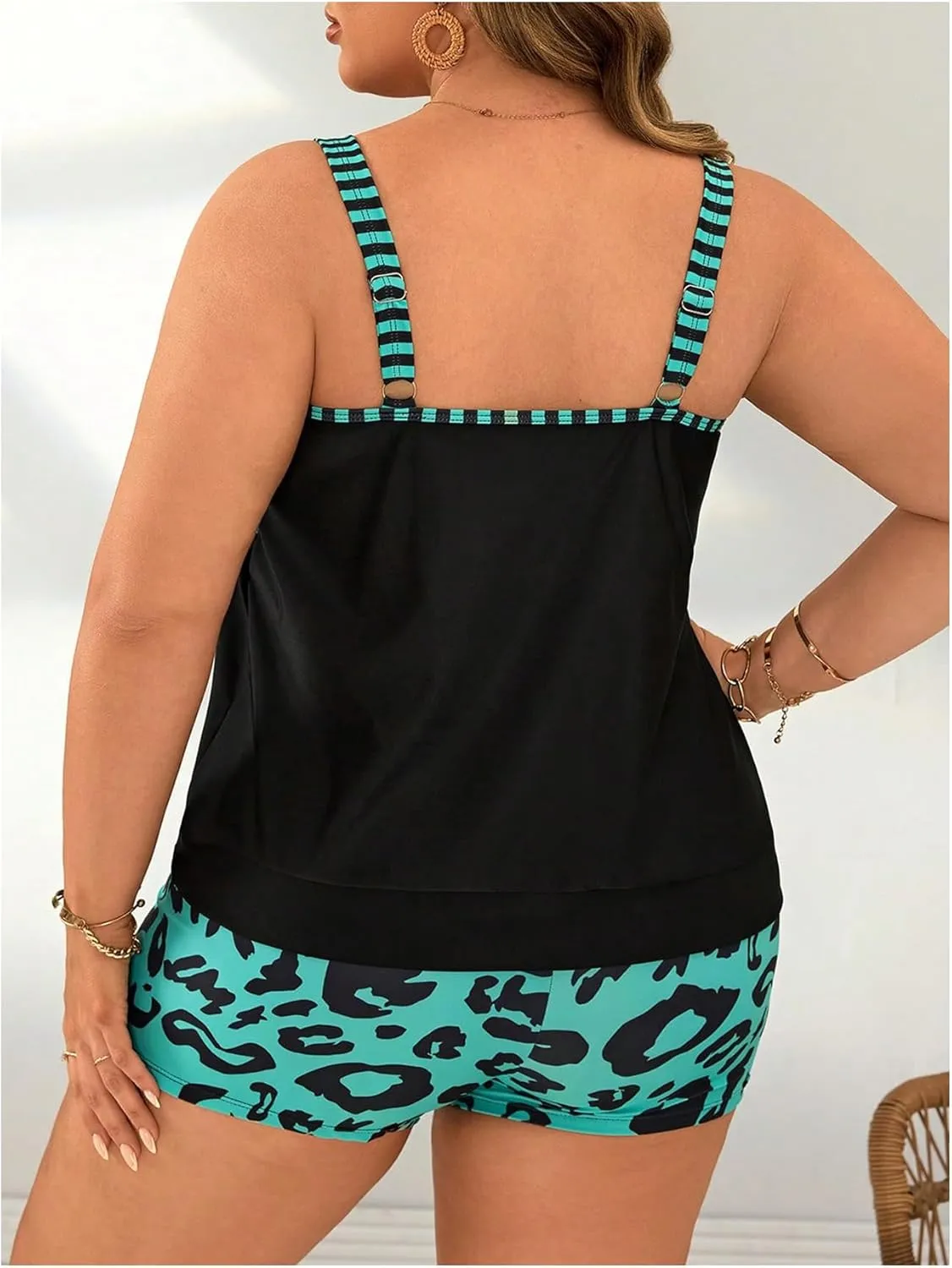 Women's Plus Size 2 Pieces Tankini Set Leopard Cheetah Sleeveless Tank Tops with Boy Shorts Swimwear