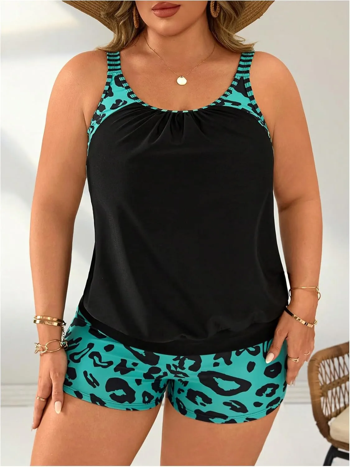 Women's Plus Size 2 Pieces Tankini Set Leopard Cheetah Sleeveless Tank Tops with Boy Shorts Swimwear