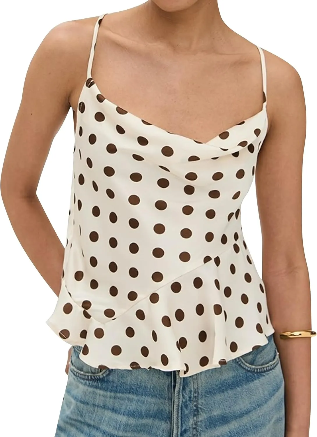 Womens Polka Dot Satin Tank Tops Cowl Neck Tie Back Sleeveless Shirts Asymmetrical Ruffle Hem Camisole Crop Tops