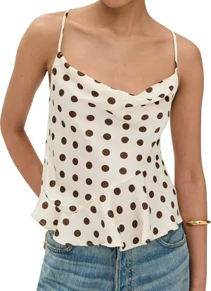 Womens Polka Dot Satin Tank Tops Cowl Neck Tie Back Sleeveless Shirts Asymmetrical Ruffle Hem Camisole Crop Tops