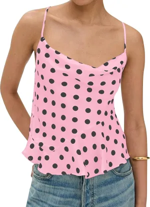 Womens Polka Dot Satin Tank Tops Cowl Neck Tie Back Sleeveless Shirts Asymmetrical Ruffle Hem Camisole Crop Tops