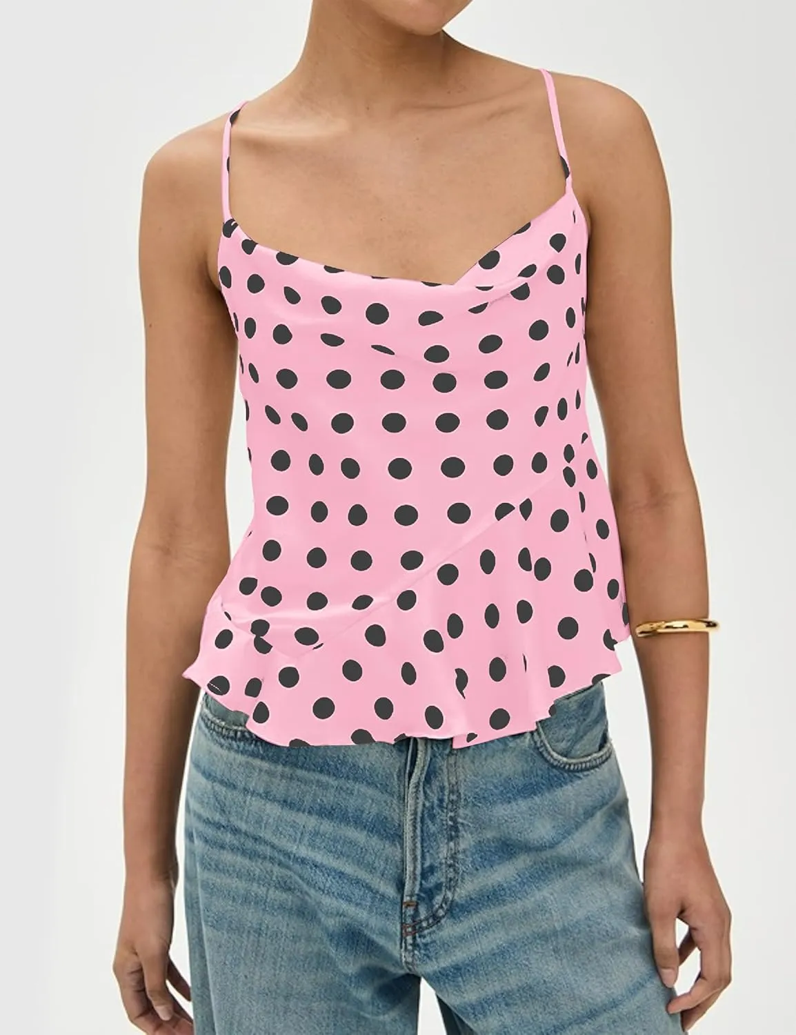 Womens Polka Dot Satin Tank Tops Cowl Neck Tie Back Sleeveless Shirts Asymmetrical Ruffle Hem Camisole Crop Tops