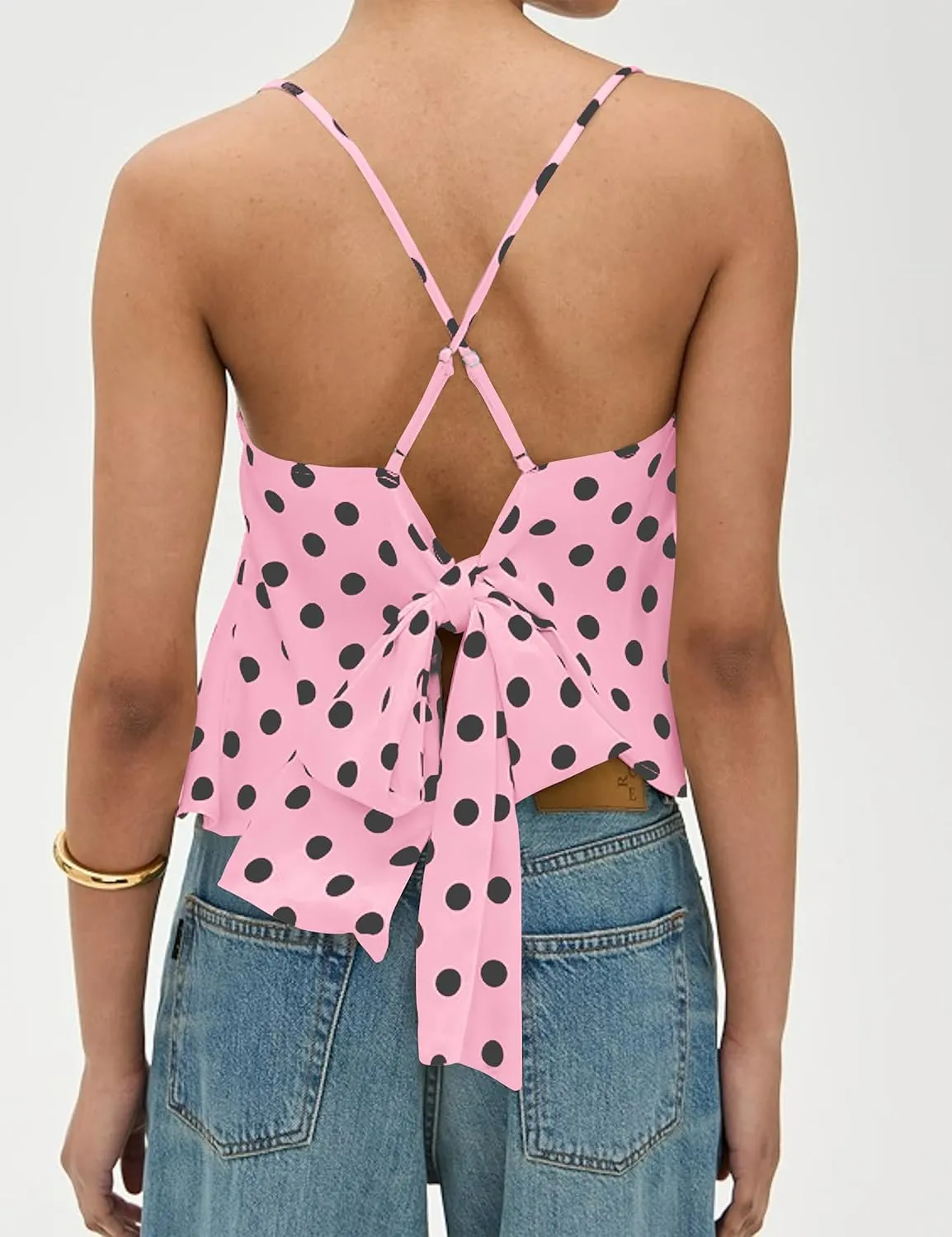 Womens Polka Dot Satin Tank Tops Cowl Neck Tie Back Sleeveless Shirts Asymmetrical Ruffle Hem Camisole Crop Tops