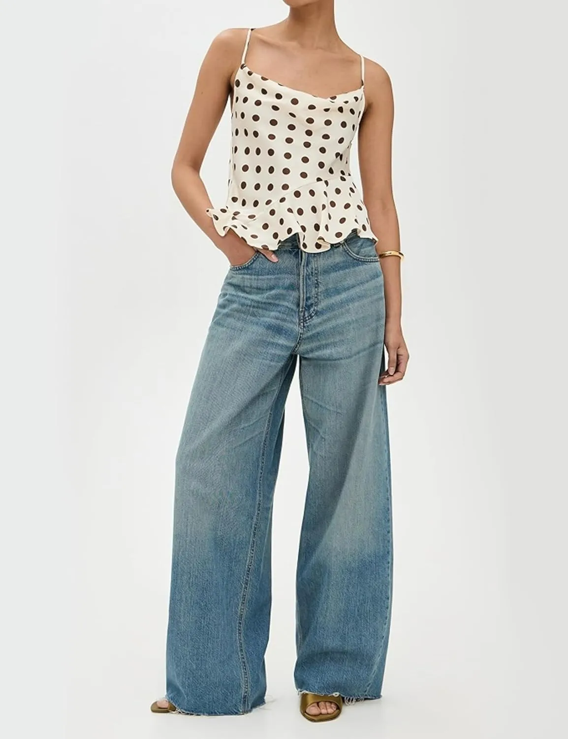 Womens Polka Dot Satin Tank Tops Cowl Neck Tie Back Sleeveless Shirts Asymmetrical Ruffle Hem Camisole Crop Tops