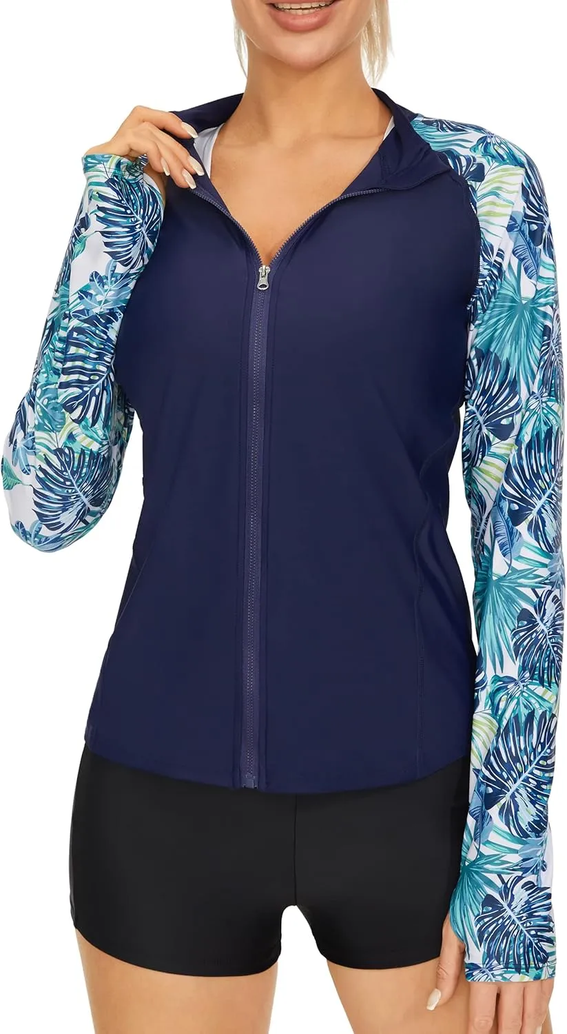 Women's Rash Guard Long Sleeve Zip Front Sun Protection Swim Shirt UPF 50 