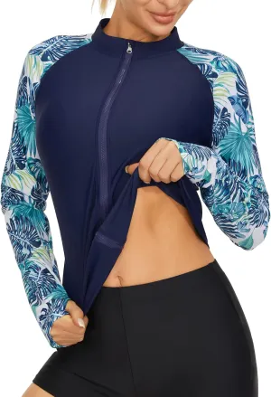 Women's Rash Guard Long Sleeve Zip Front Sun Protection Swim Shirt UPF 50 